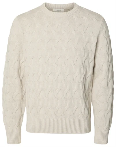 Selected - SLMCarlos Cable Crew Neck - Silver Birch
